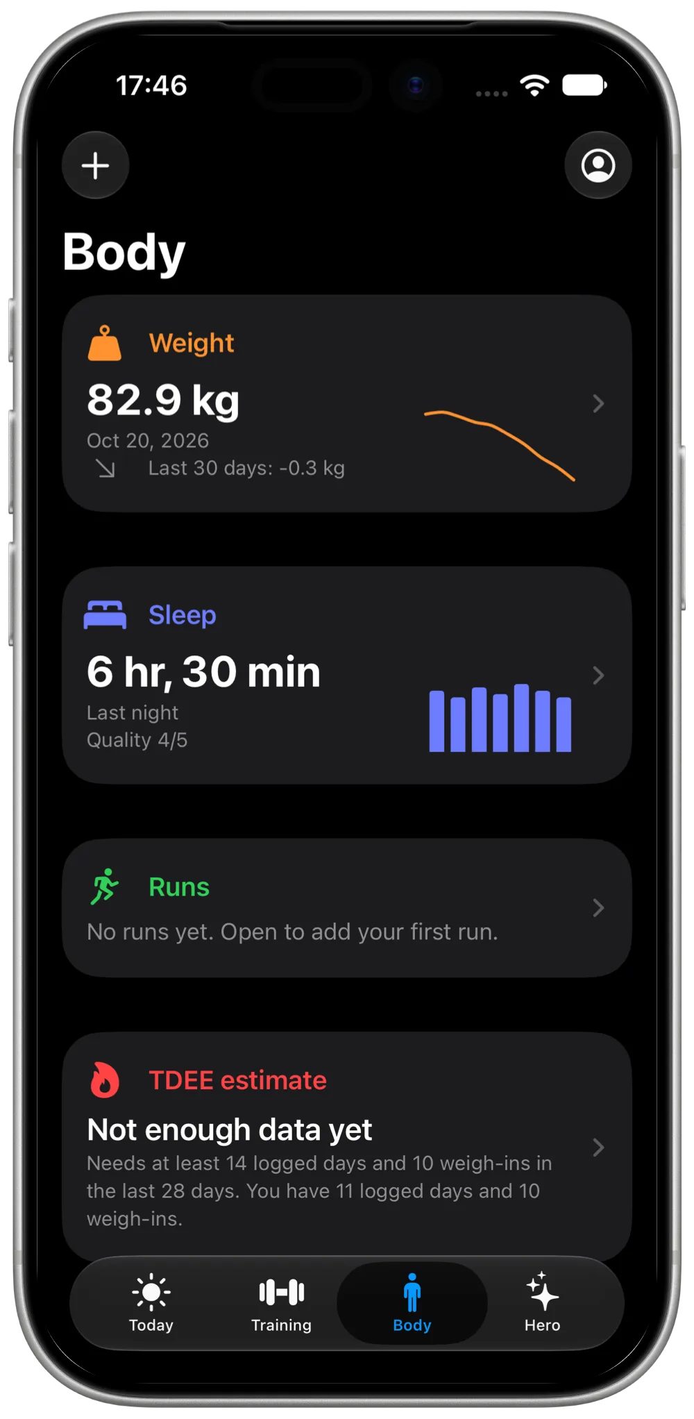 Progress+ Body screen with weight, sleep and runs