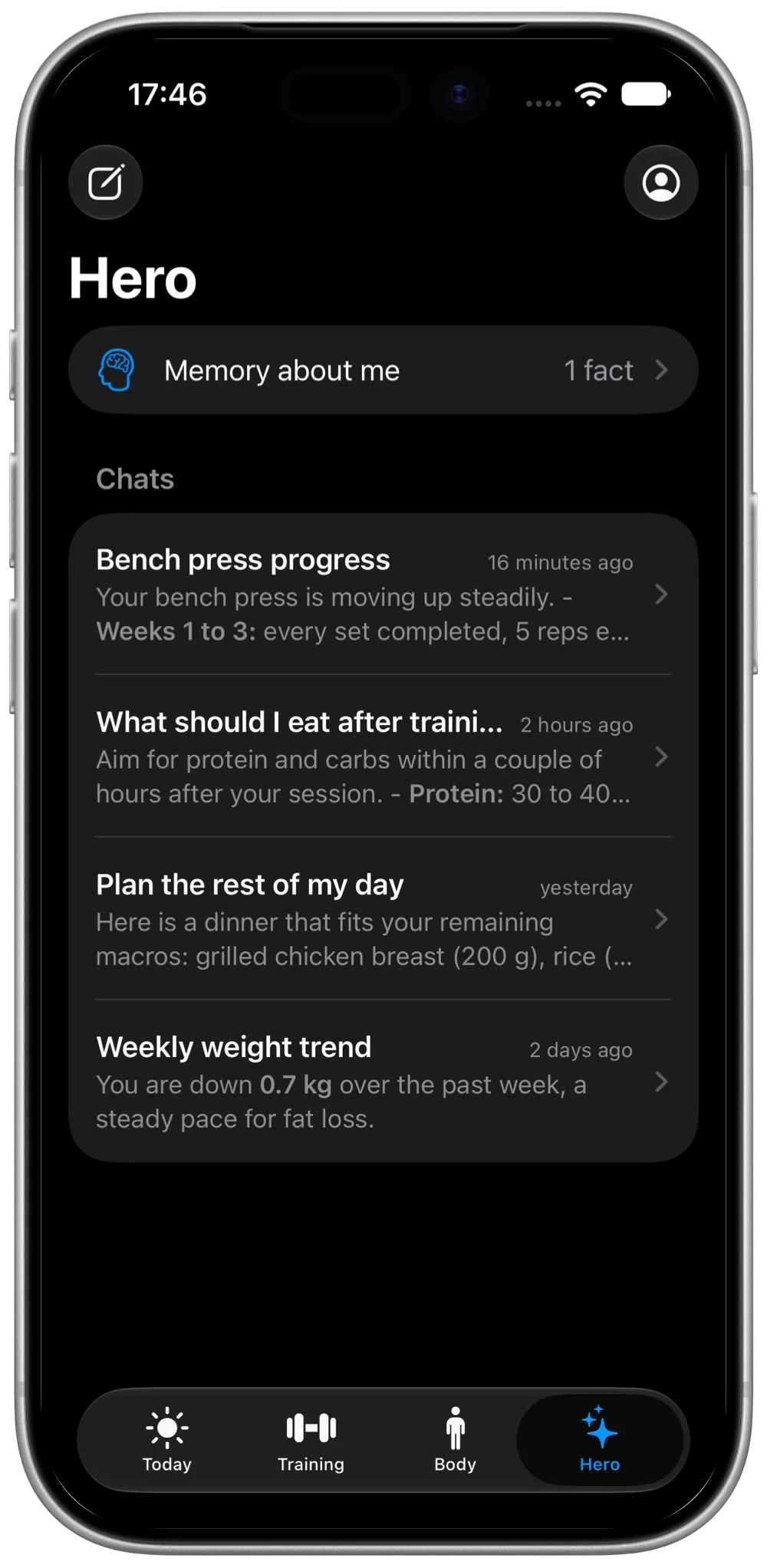 Progress+ Kettlebell screen with chats and memory