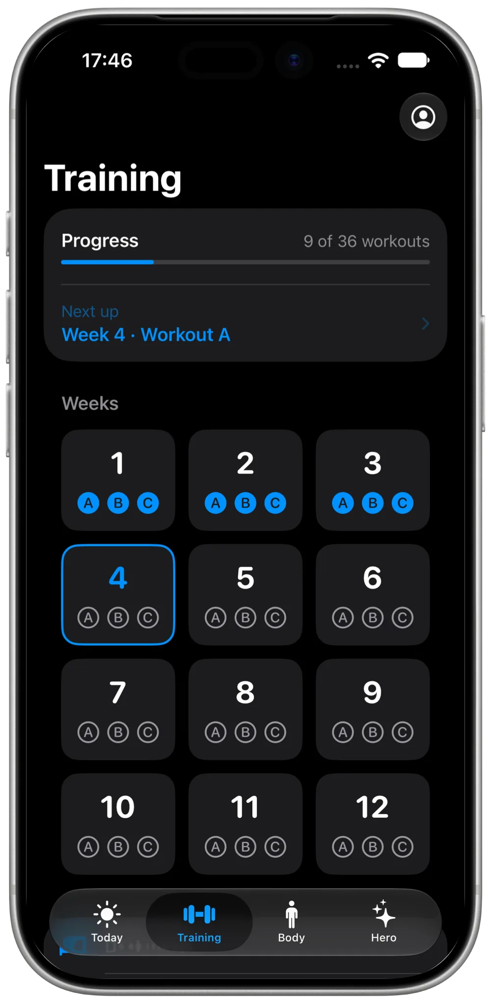 Progress+ Training screen with twelve weeks and a progress bar